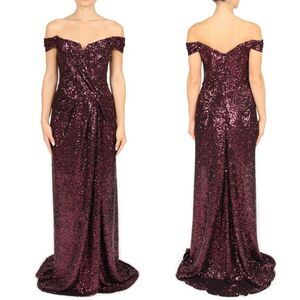 Rene Ruiz Gown Burgundy Off the Shoulder Sequin Cocktail Formal Maxi Dress Sz 4